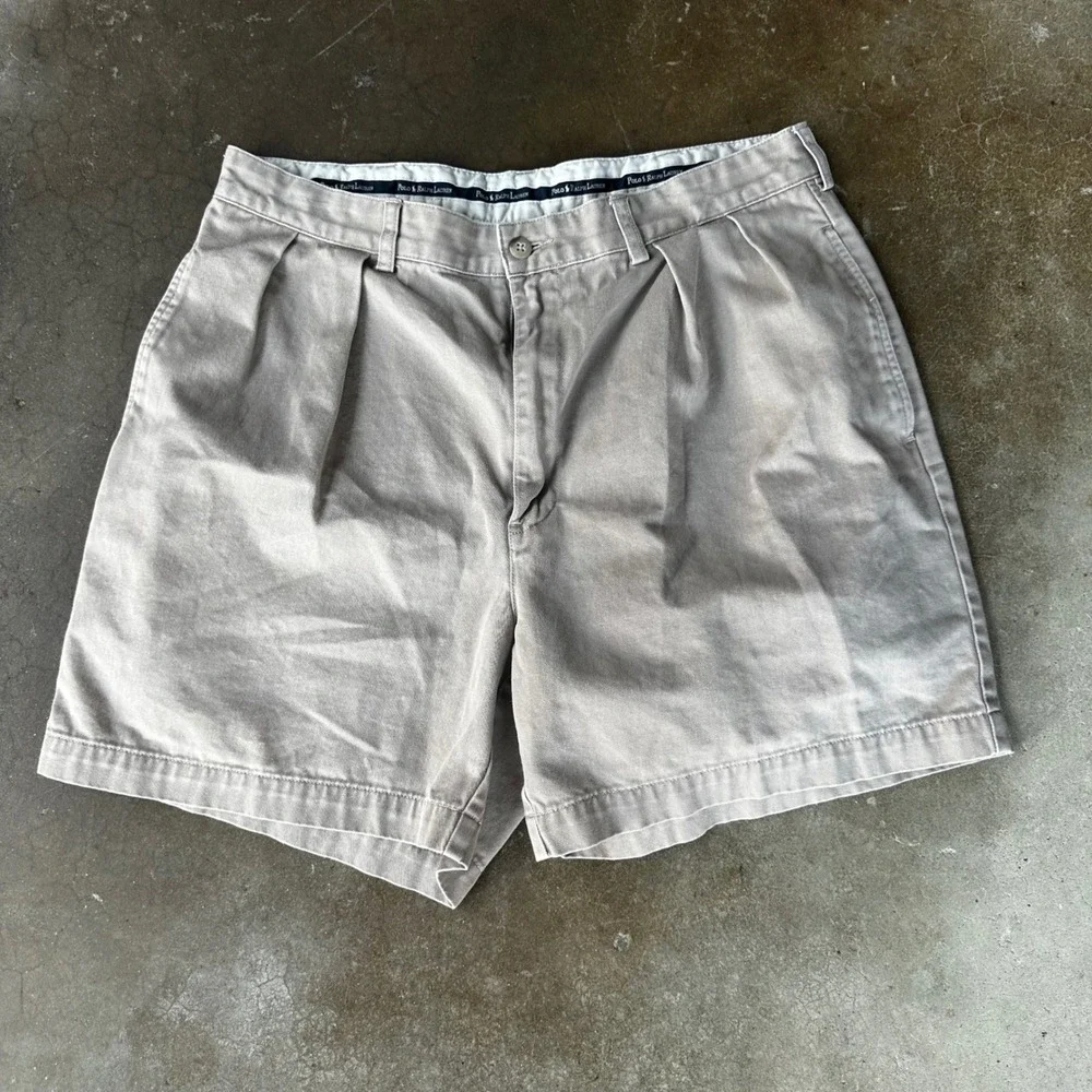 Polo Ralph Lauren Chino Shorts Mens 34 Tan Casual Pleated Cotton Twill Khaki